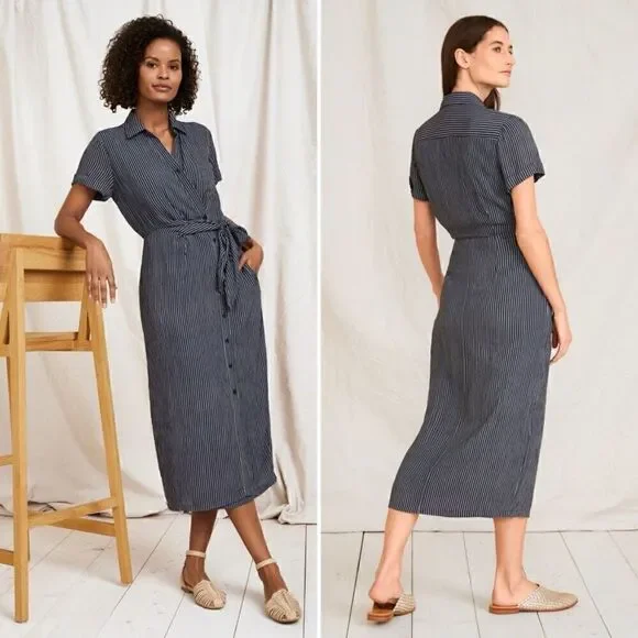 Garnet Hill Anya Tie-Front Crêpe Dress Size 0 Stripes - Picture 3 of 12